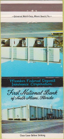 Matchbook Cover - First National Bank South Miami FL 30 Strike