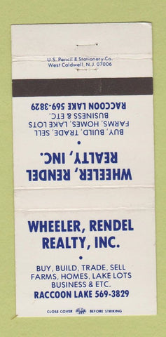 Matchbook Cover - Wheeler Rendel Real Estate Raccoon Lake NJ 30 Strike