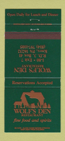 Matchbook Cover - Wolf's Den Restaurant Knox PA 30 Strike