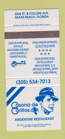 Matchbook Cover Casona de Carlitos Argentine Restaurant Miami Beach FL 30 Strike