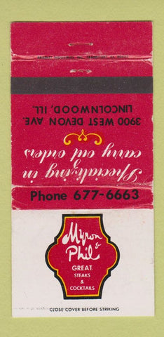 Matchbook Cover - Myron & Phil Steaks Lincolnwood IL WORN 30 Strike