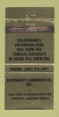 Matchbook Cover - Rufenacht Commodities Phoenix AZ livestock WEAR 30 Strike