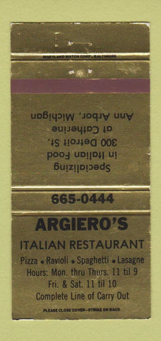Matchbook Cover - Argiero's Italian Restaurant Ann Arbor MI 30 Strike