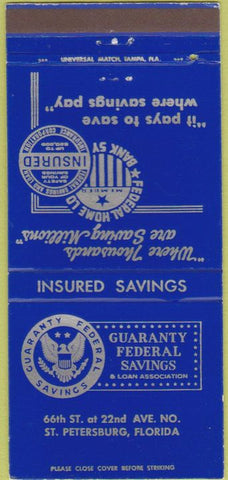 Matchbook Cover - Guaranty Federal Savings St Petersburg FL 30 Strike