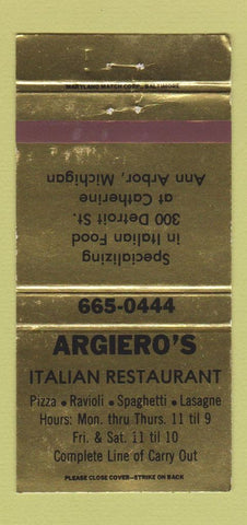 Matchbook Cover - Argiero's Italian Restaurant Ann Arbor MI 30 Strike