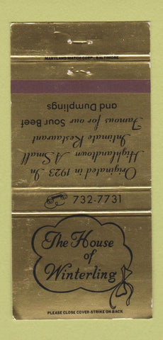 Matchbook Cover - House of Winterling Restaurant Baltimore MD 30 Strike