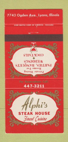 Matchbook Cover - Alphi's Steak House Lyons IL 30 Strike