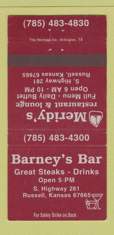 Matchbook Cover - Barney's Bar Meridy's Russell KS 30 Strike