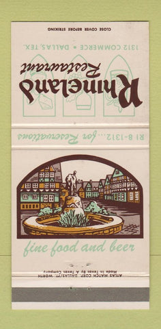 Matchbook Cover - Rhineland Restaurant Dallas TX 30 Strike