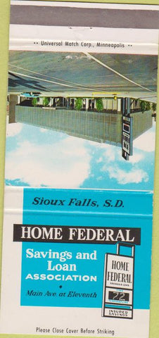 Matchbook Cover - Home Federal Savings Loan Sioux Falls SD 30 Strike