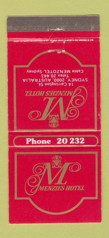 Matchbook Cover - Menzies Hotel Sydney Australia 30 Strike