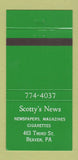 Matchbook Cover - Scotty's News Beaver PA GREEN 30 Strike