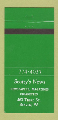 Matchbook Cover - Scotty's News Beaver PA GREEN 30 Strike