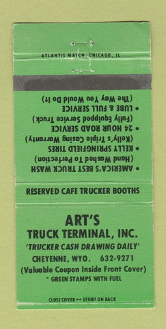 Matchbook Cover - Art's Truck Terminal Cheyenne WY Kelly Tires 30 Strike
