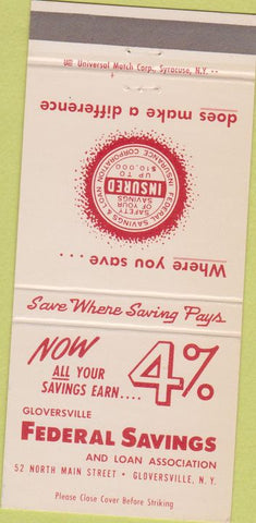 Matchbook Cover - Federal Savings Gloversville NY 30 Strike