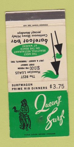 Matchbook Cover - Queen's Surf Waikiki Hawaii hula girlie WORN 30 Strike