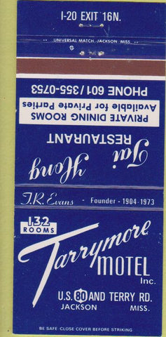 Matchbook Cover - Tai Hong Restaurant Tarrymore Motel Jackson MS 30 Strike