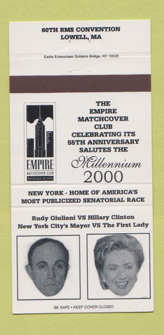 Matchbook Cover - Empire Match Club Lowell MA Hillary Clinton Giuliani 30 Strike