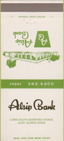 Matchbook Cover - Alsip Bank IL 30 Strike