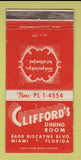 Matchbook Cover - Clifford's Restaurant Miami FL WEAR 30 Strike