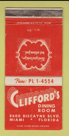 Matchbook Cover - Clifford's Restaurant Miami FL WEAR 30 Strike