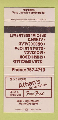 Matchbook Cover - Athen's Shish Kabob Warren MI Greek 30 Strike
