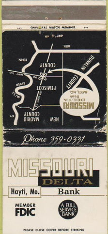 Matchbook Cover - Missouri Delta Bank Hayti MO WORN 30 Strike