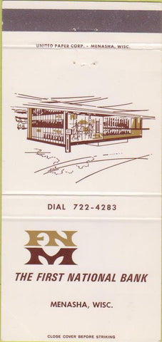 Matchbook Cover - First National Bank Menasha WI 30 Strike