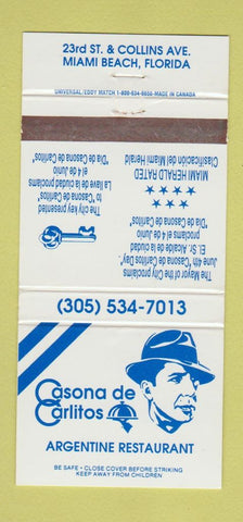 Matchbook Cover Casona De Carlitos Argentine Restaurant Miami Beach FL 30 Strike