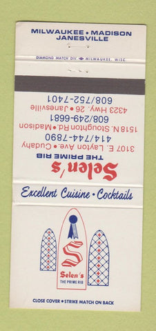 Matchbook Cover - Selen's Prime Rib Cudahy Madison Janesville WI 30 Strike