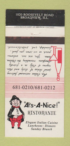 Matchbook Cover - At's A nice Ristorante Broadview IL 30 Strike