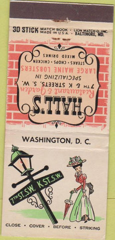Matchbook Cover - Hall's Restaurant Washington DC 30 Stick