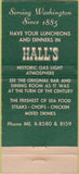 Matchbook Cover - Hall's Restaurant Washington DC 30 Stick