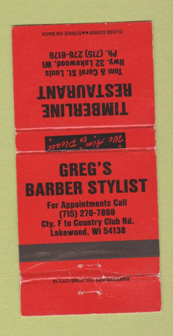 Matchbook Cover - Greg's Barber Timberline Restaurant Lakewood WI WEAR 30 Strike
