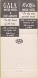 Matchbook Cover - Saga Motor Hotel Pasadena CA Los Angeles 30 Strike