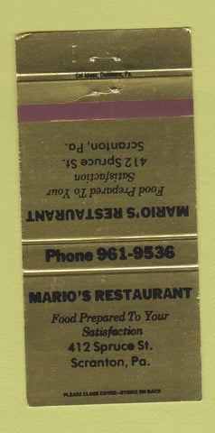 Matchbook Cover - Mario's Restaurant Scranton PA 30 Strike
