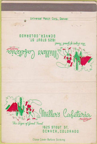 Matchbook Cover - Miller's Cafeteria Denver CO cactus WEAR 40 Strike
