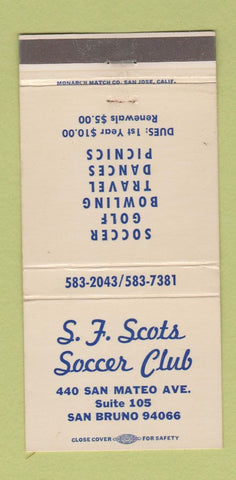 Matchbook Cover - SF Scots Soccer Club San Bruno CA 30 Strike