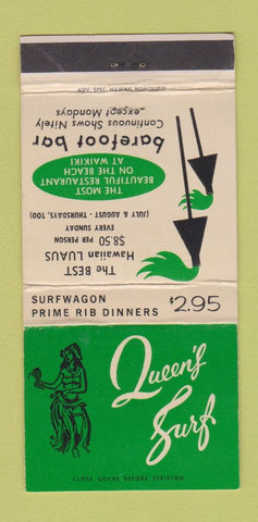 Matchbook Cover - Queen's Surf Waikiki Hawaii girlie WEAR 30 Strike