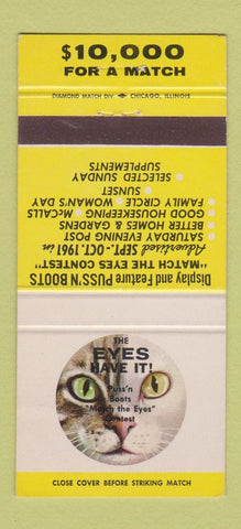 Matchbook Cover - Puss n Boots Display Cat Eyes 1961 30 Strike