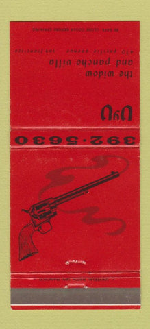 Matchbook Cover - The Widow and Pancho Villa San Francisco CA gun 30 Strike