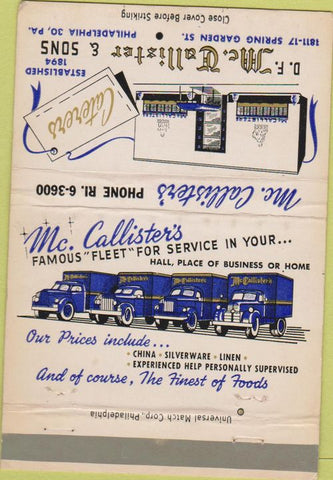 Matchbook Cover - McCallister Sons Catering Philadelphia PA 40 Strike