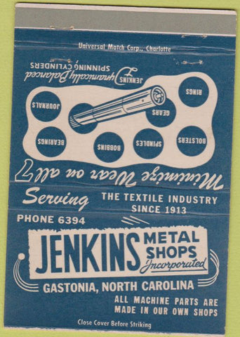 Matchbook Cover - Jenkins Metal Shops Gastonia NC 40 Strike