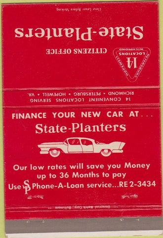 Matchbook Cover - State Planters car loans Richmond Hopewell VA 40 Strike