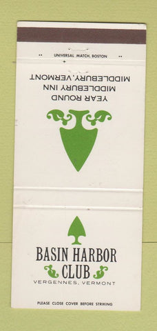 Matchbook Cover - Basin Harbor Club Vergennes VT Middlebury 30 Strike