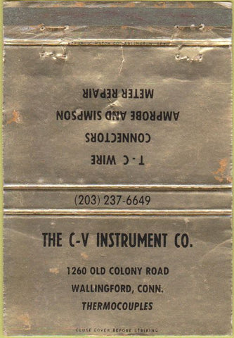 Matchbook Cover - CV Instrument Co Wallingford CT WORN 40 Strike