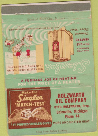 Matchbook Cover - Holzwarth Oil Go Unionville MI Furances 40 Strike