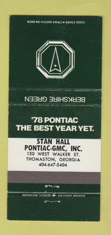 Matchbook Cover - 1978 Pontiac Thomaston GA Berkshire Green 30 Strike