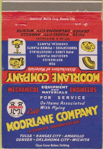 Matchbook Cover - Moorlane Co oil gas fittings Tulsa Amarillo TX 40 Strike