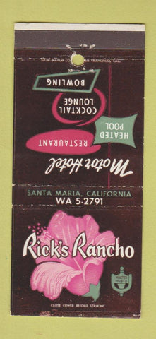 Matchbook Cover - Rick's Rancho Santa Maria CA bowling 30 Strike